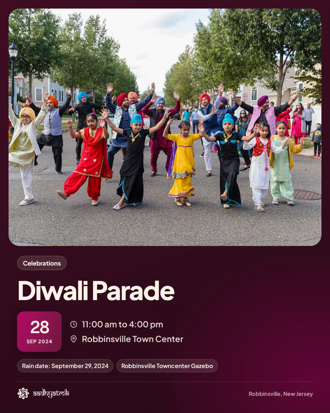 Diwali Parade, September 28, 2024: aadhyatmik event banner, Robbinsville NJ