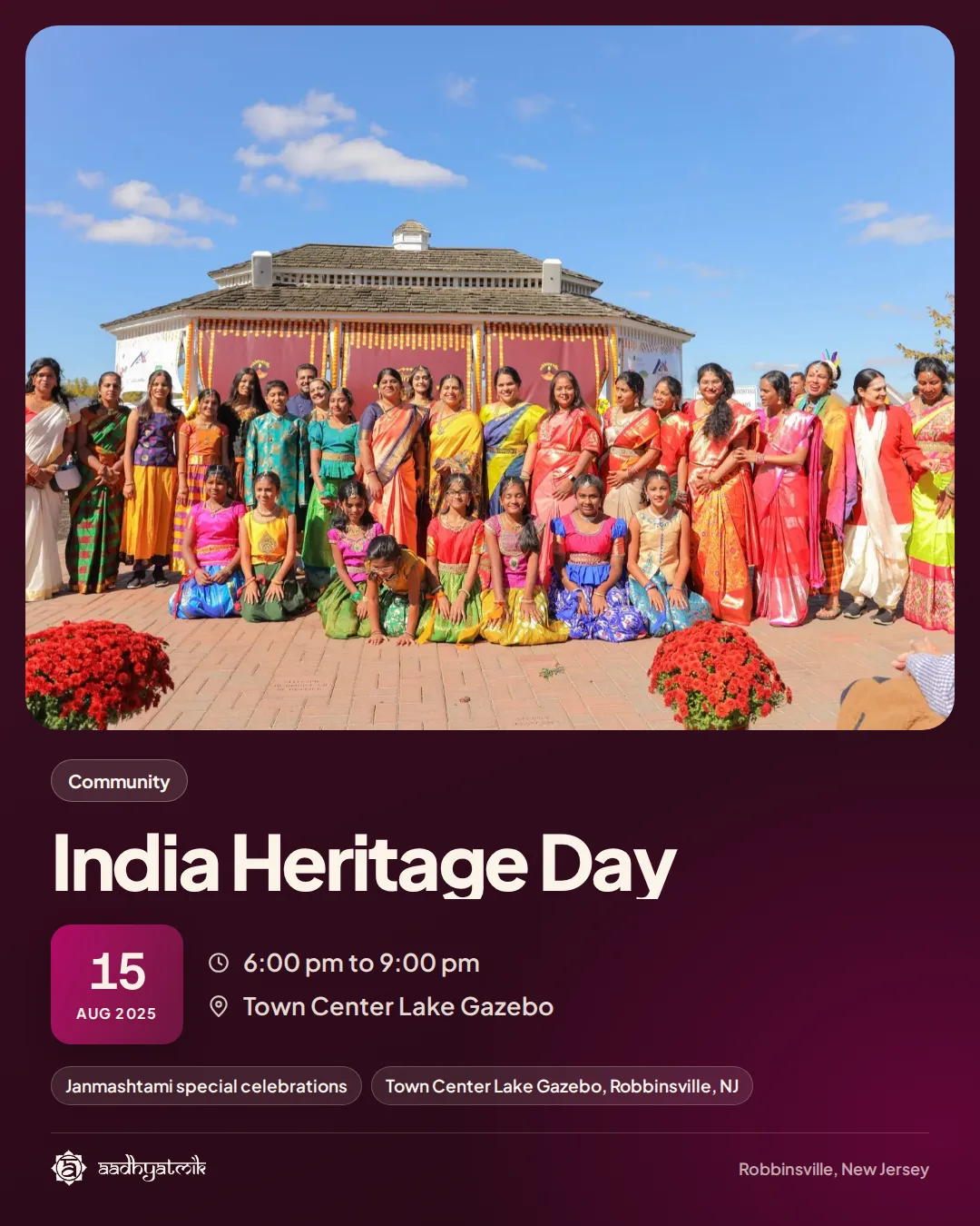 India Heritage Day, August 15, 2025: aadhyatmik event banner, Robbinsville NJ