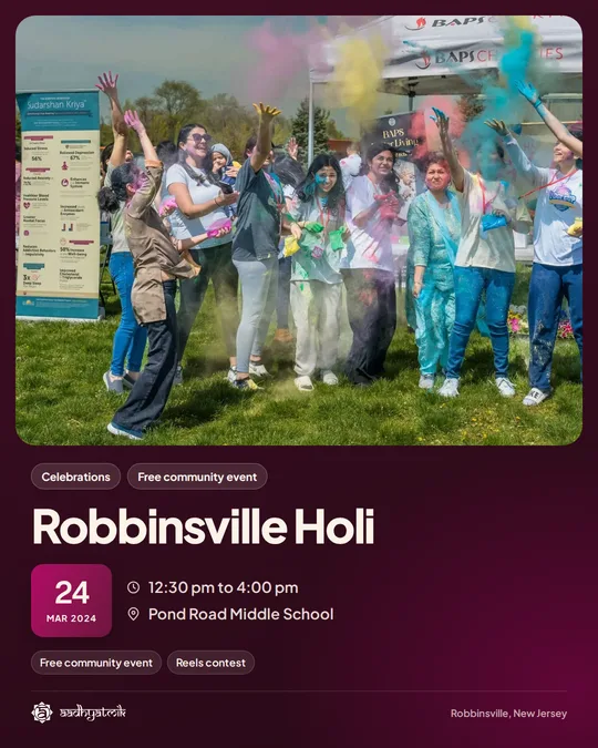 Robbinsville Holi, March 24, 2024: aadhyatmik event banner, Robbinsville NJ