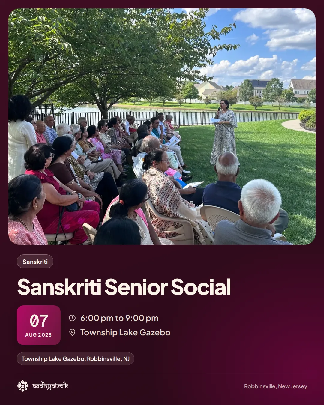 Sanskriti Senior Social, August 7, 2025: aadhyatmik event banner, Robbinsville NJ