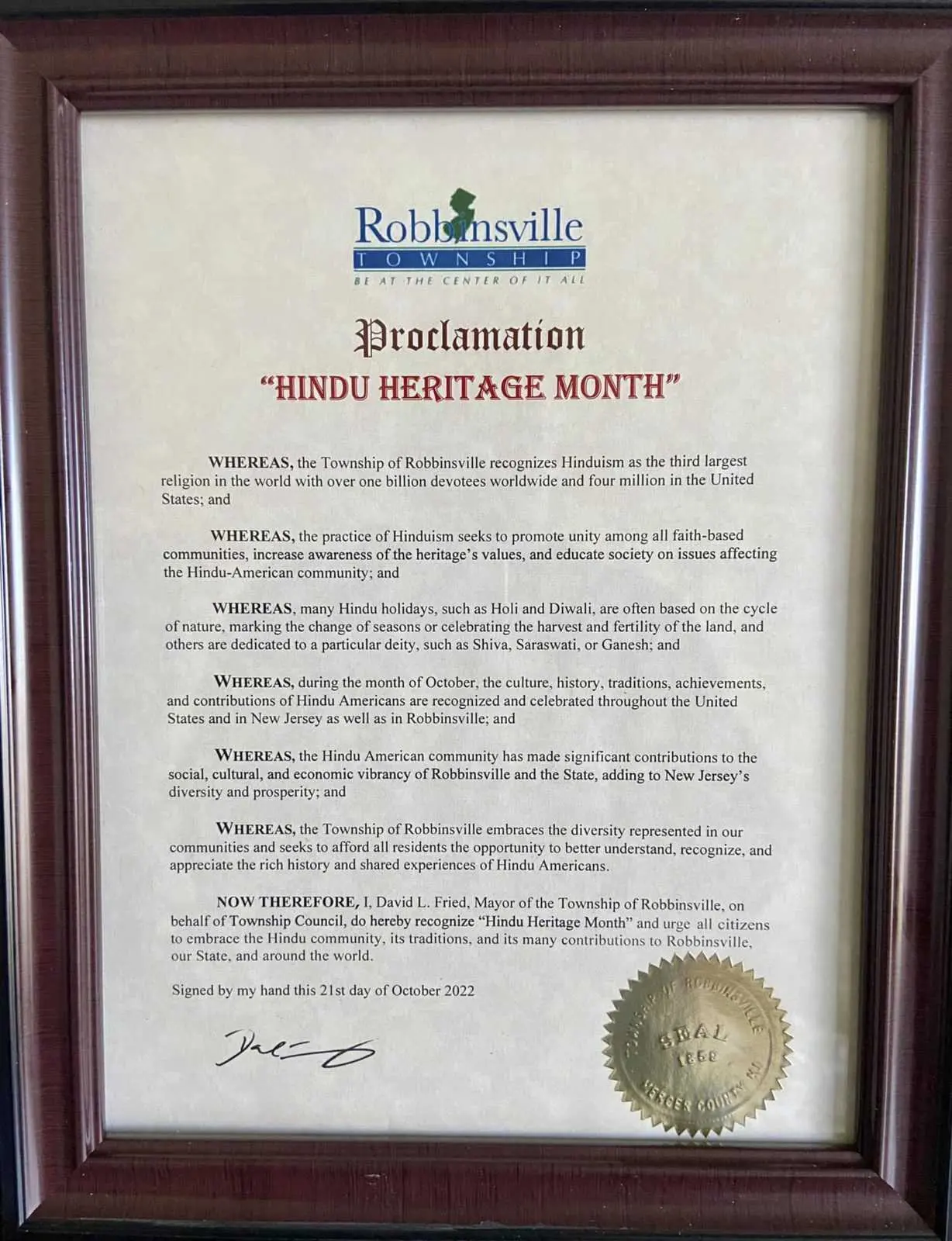 Robbinsville Township proclamation declaring October Hindu Heritage Month