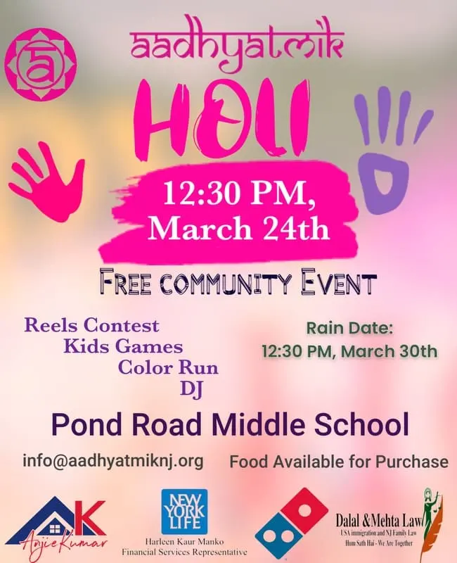 Poster for Robbinsville Holi on 24 March at Pond Road Middle School